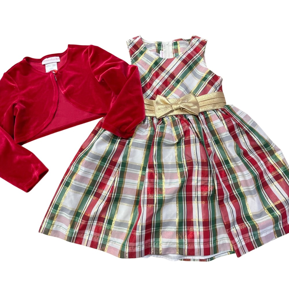 Bonnie Jean Kids 4T Plaid Holiday Dress Bolero Set Red Green Gold Christmas